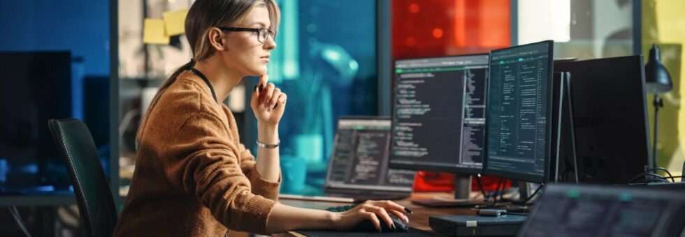 Female,Junior,Software,Engineer,Writes,Code,On,Desktop,Computer,With