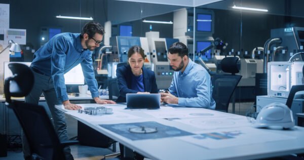 Factory,Office,Meeting,Room:,Team,Of,Engineers,Gather,Around,Conference